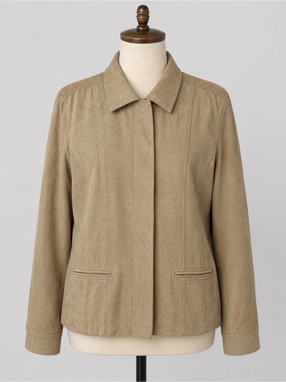 Chico’s Faux Suede Tan Jacket Hidden Snap Front Tailored Lightweight